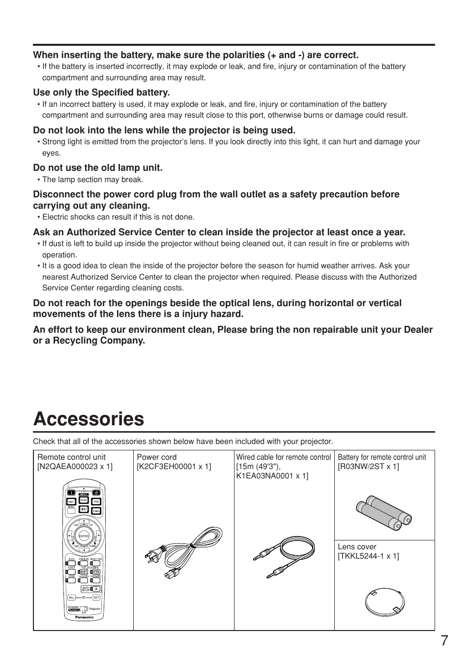 Accessories | Panasonic PT-D5500U User Manual | Page 7 / 68