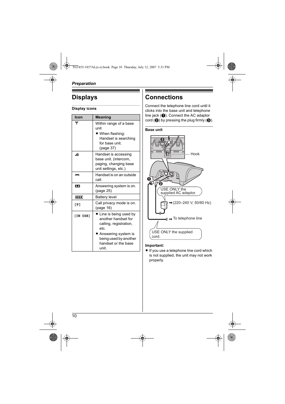 Displays, Connections, Displays connections | Panasonic KX-TG1855AL User Manual | Page 10 / 44