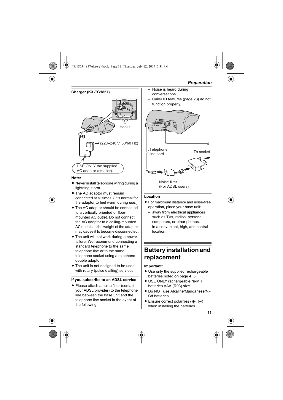 Battery installation and replacement, Battery installation and replacement . 11 | Panasonic KX-TG1855AL User Manual | Page 11 / 44