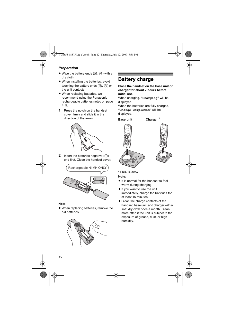 Battery charge | Panasonic KX-TG1855AL User Manual | Page 12 / 44