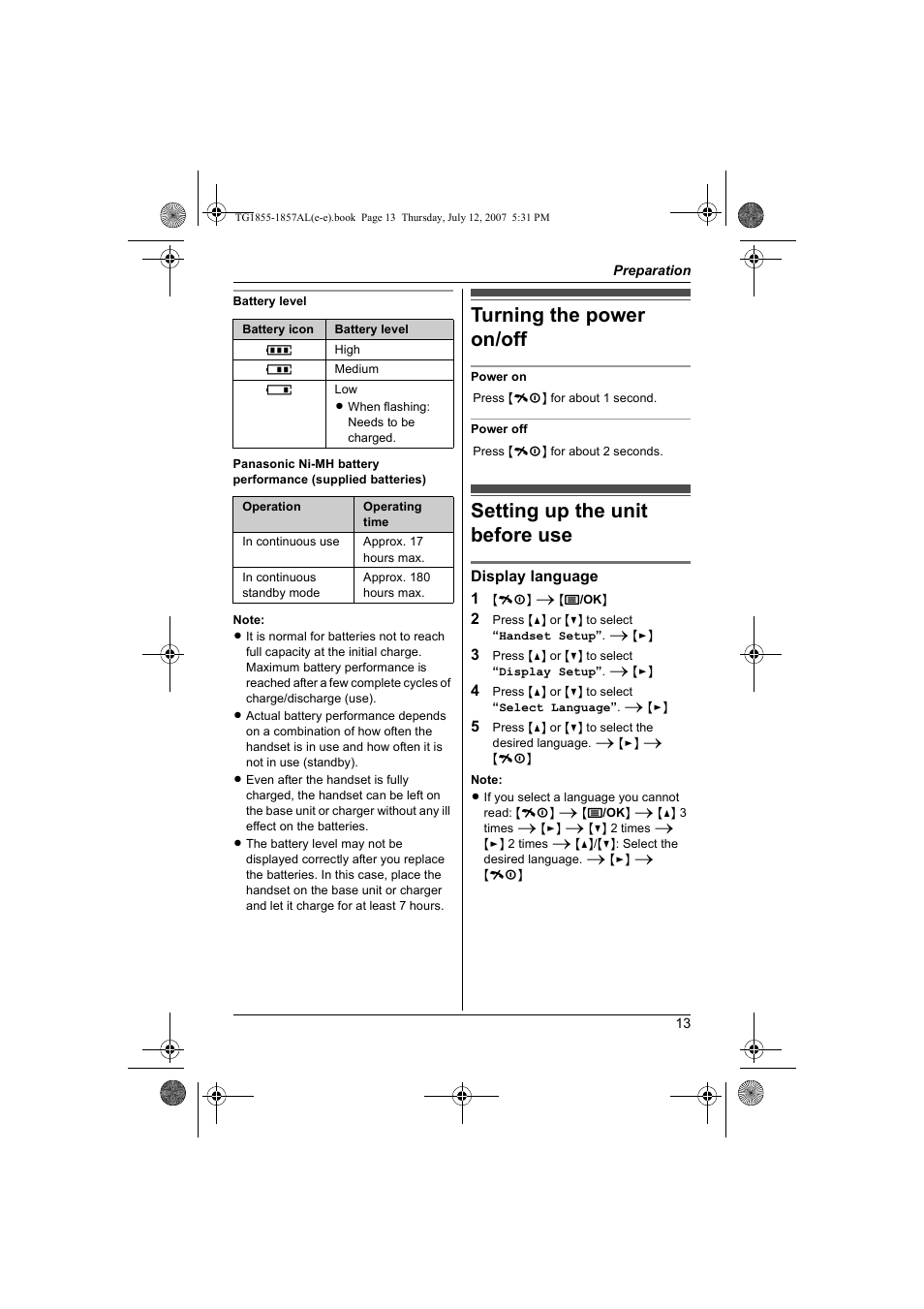 Turning the power on/off, Setting up the unit before use | Panasonic KX-TG1855AL User Manual | Page 13 / 44