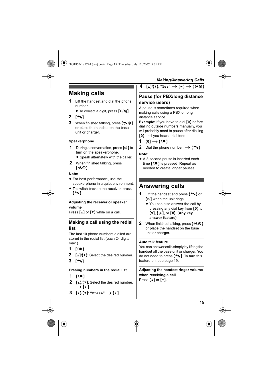 Making/answering calls, Making calls, Answering calls | Making calls answering calls | Panasonic KX-TG1855AL User Manual | Page 15 / 44