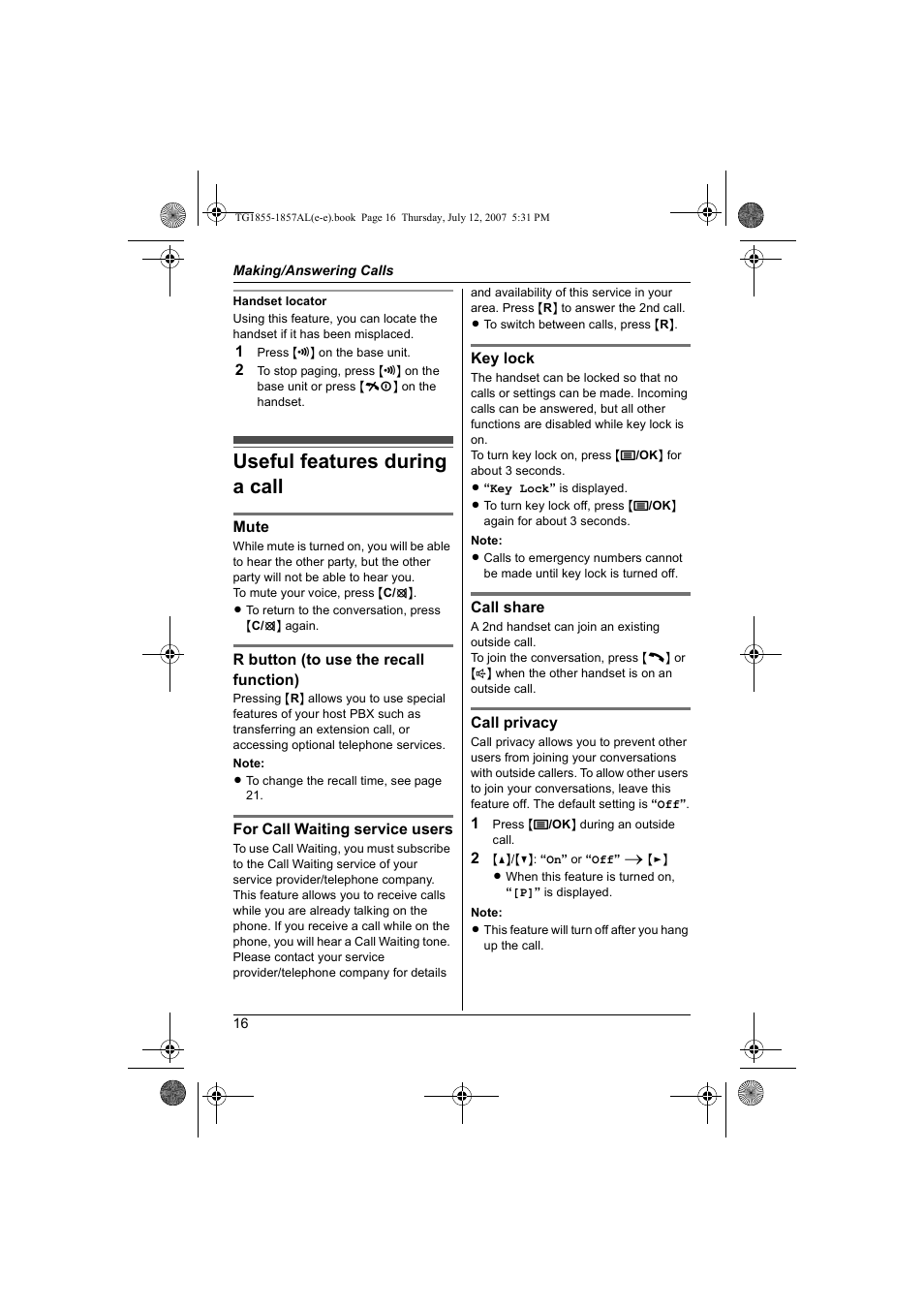 Useful features during a call | Panasonic KX-TG1855AL User Manual | Page 16 / 44