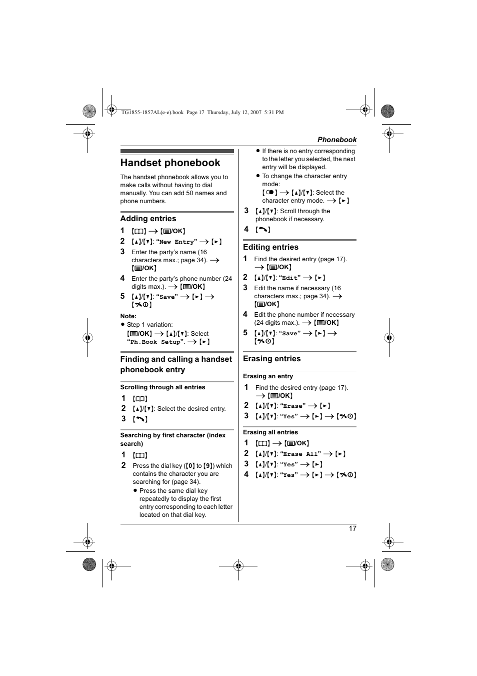 Phonebook, Handset phonebook | Panasonic KX-TG1855AL User Manual | Page 17 / 44