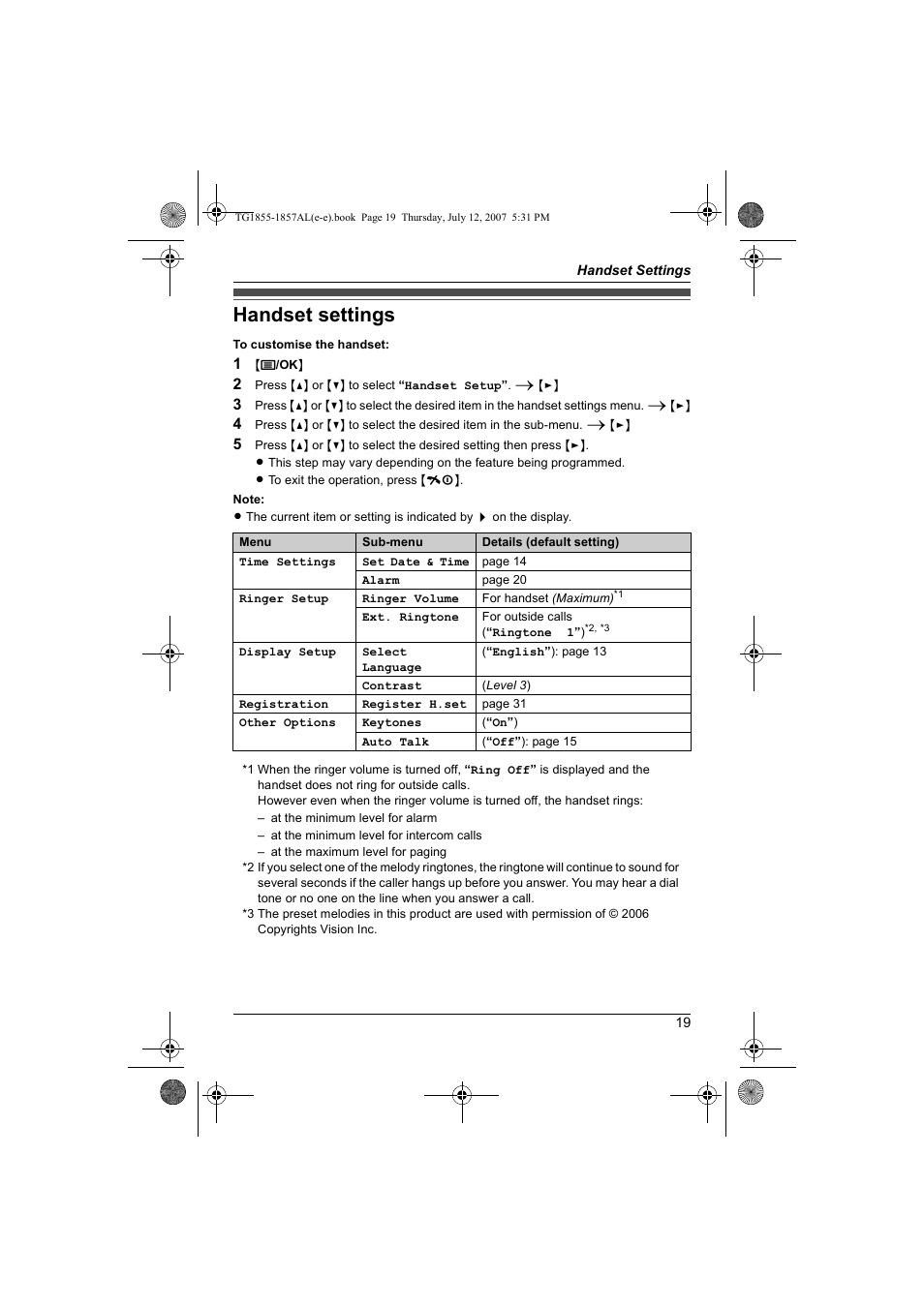 Handset settings | Panasonic KX-TG1855AL User Manual | Page 19 / 44