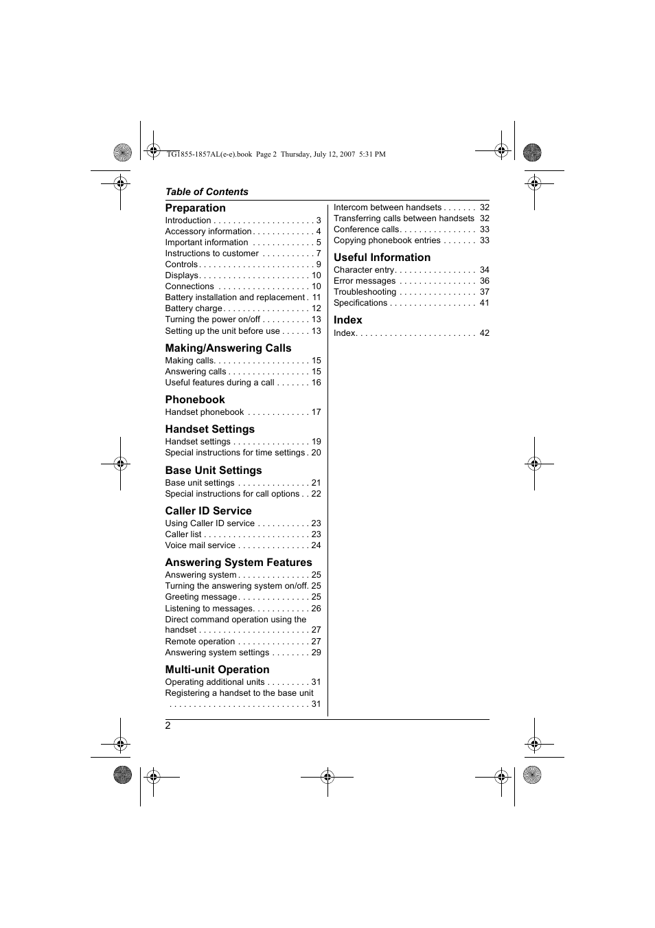 Panasonic KX-TG1855AL User Manual | Page 2 / 44