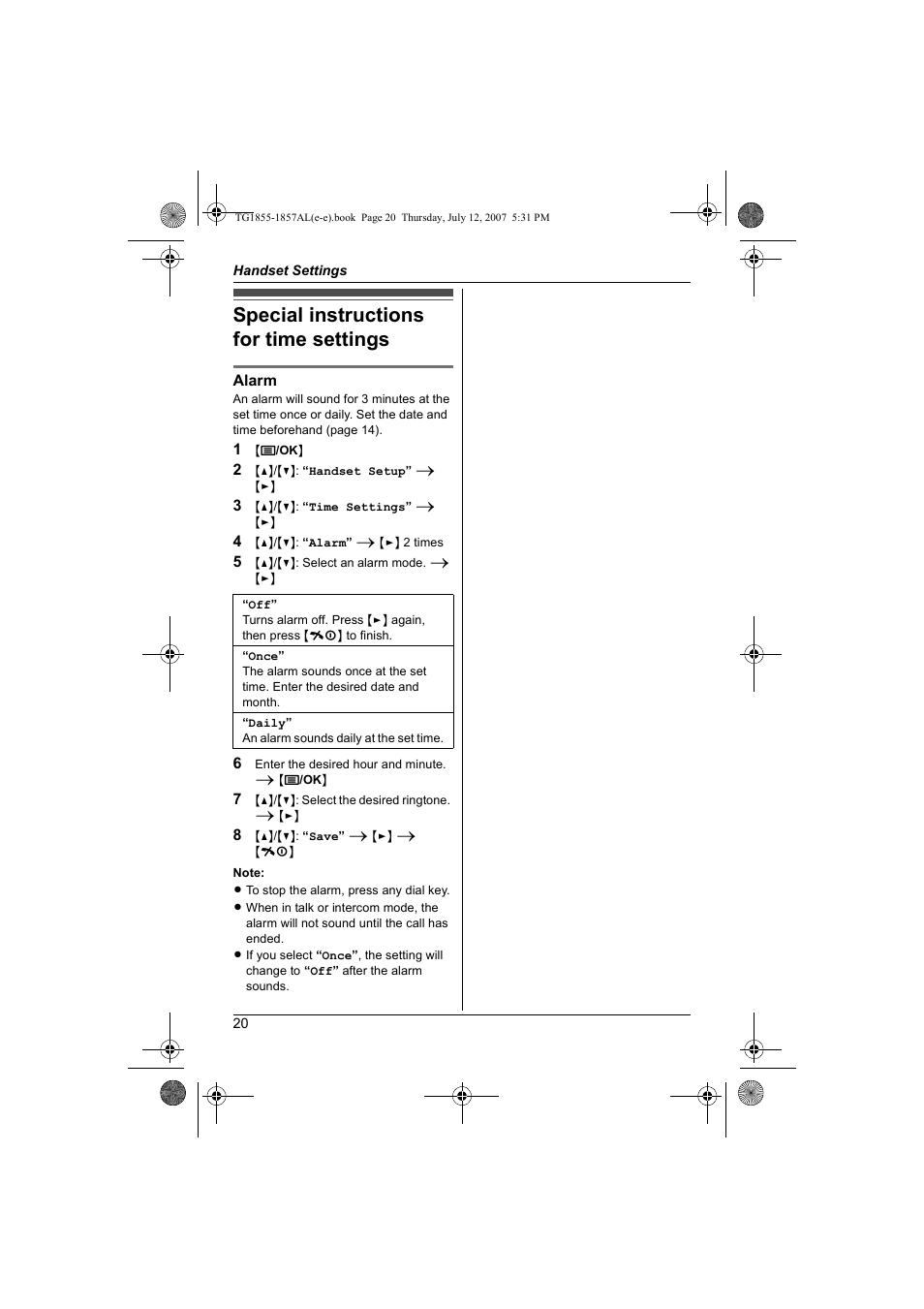 Special instructions for time settings, Special instructions for time settings . 20 | Panasonic KX-TG1855AL User Manual | Page 20 / 44