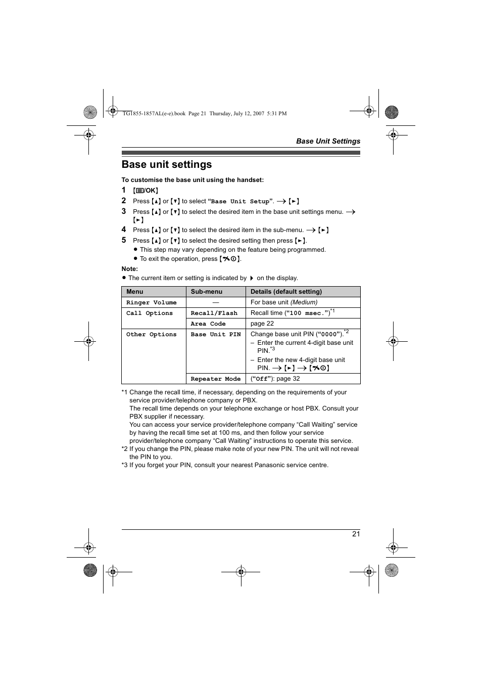 Base unit settings | Panasonic KX-TG1855AL User Manual | Page 21 / 44
