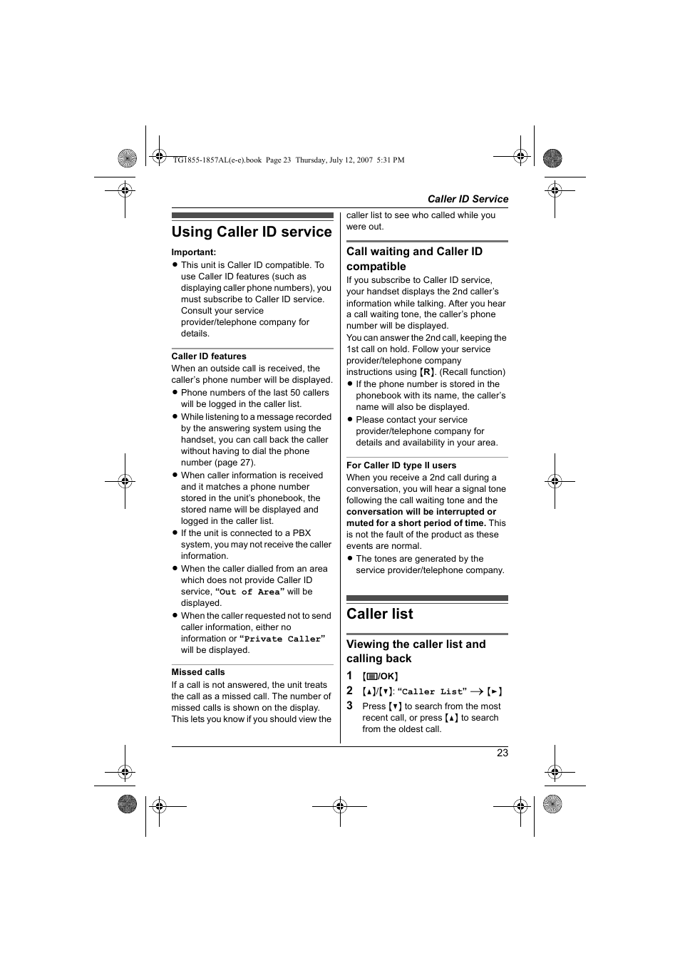 Caller id service, Using caller id service, Caller list | Using caller id service caller list | Panasonic KX-TG1855AL User Manual | Page 23 / 44