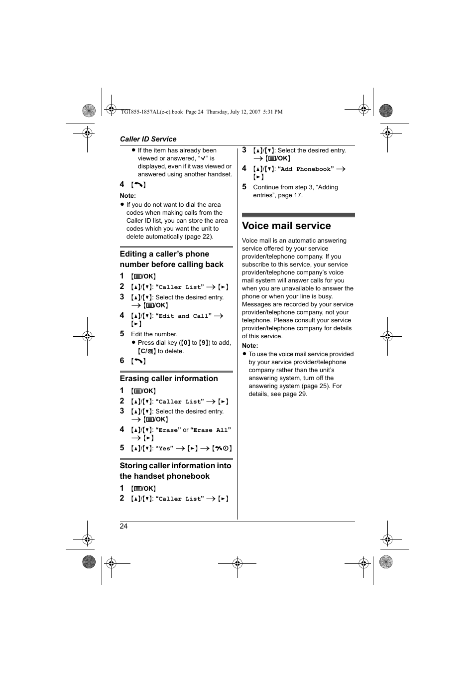 Voice mail service | Panasonic KX-TG1855AL User Manual | Page 24 / 44