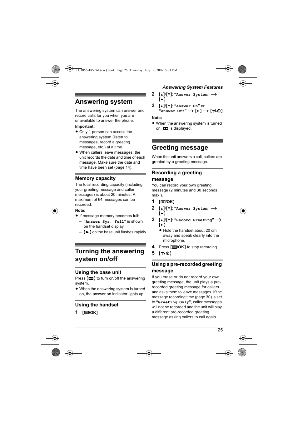Answering system features, Answering system, Turning the answering system on/off | Greeting message | Panasonic KX-TG1855AL User Manual | Page 25 / 44
