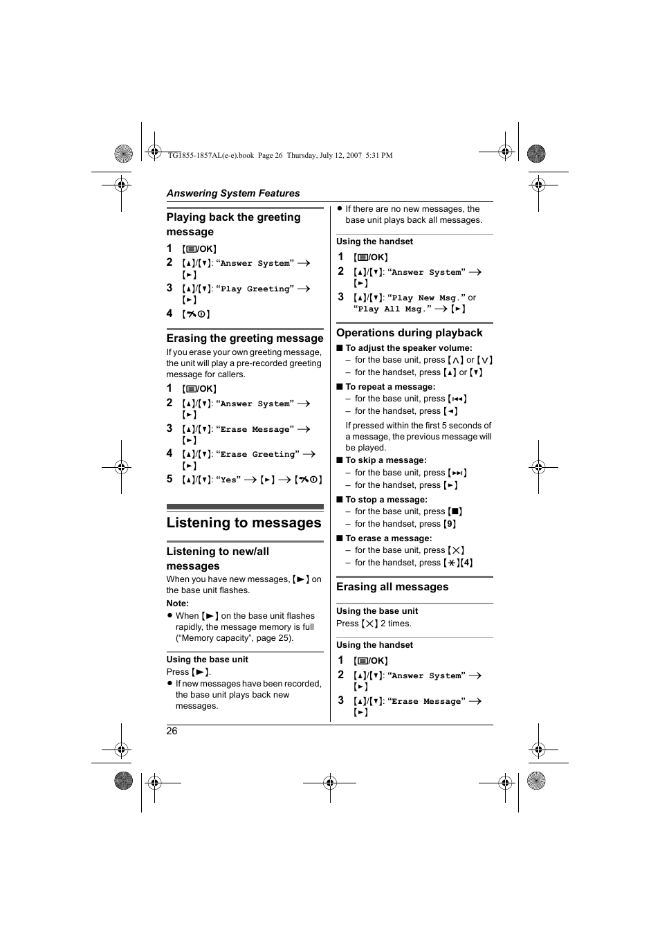 Listening to messages | Panasonic KX-TG1855AL User Manual | Page 26 / 44