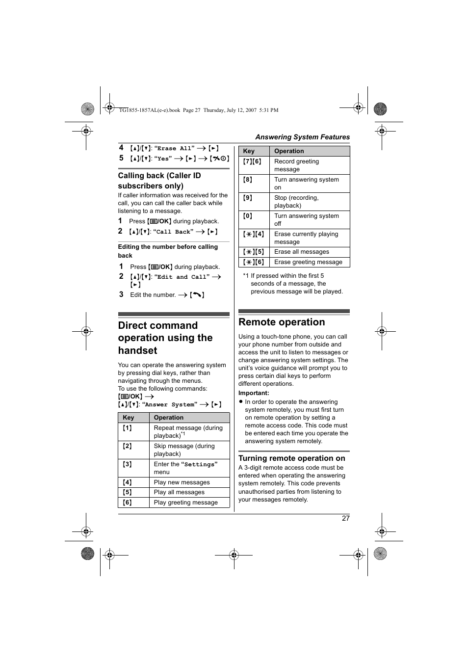 Direct command operation using the handset, Remote operation | Panasonic KX-TG1855AL User Manual | Page 27 / 44