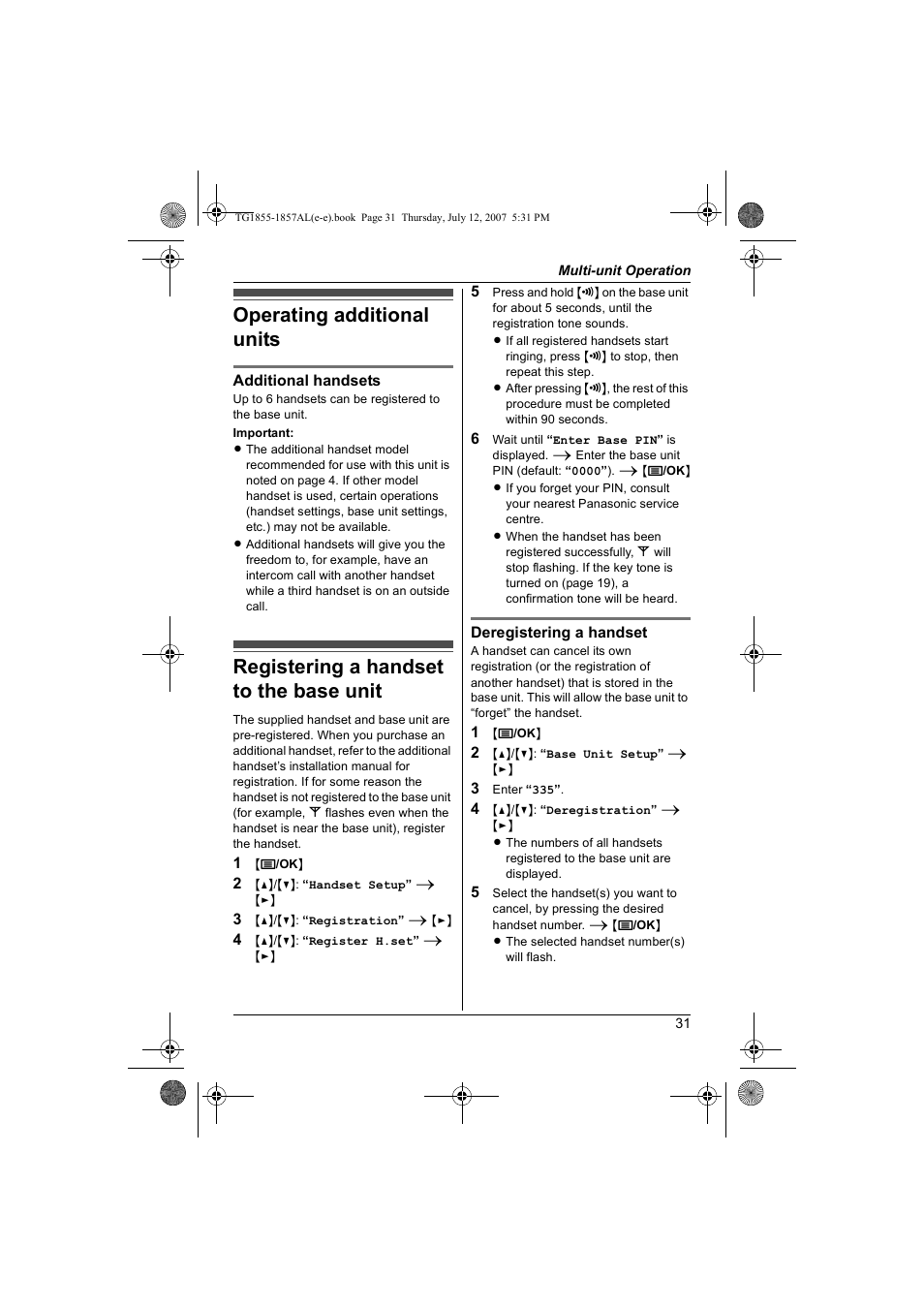 Multi-unit operation, Operating additional units, Registering a handset to the base unit | Panasonic KX-TG1855AL User Manual | Page 31 / 44