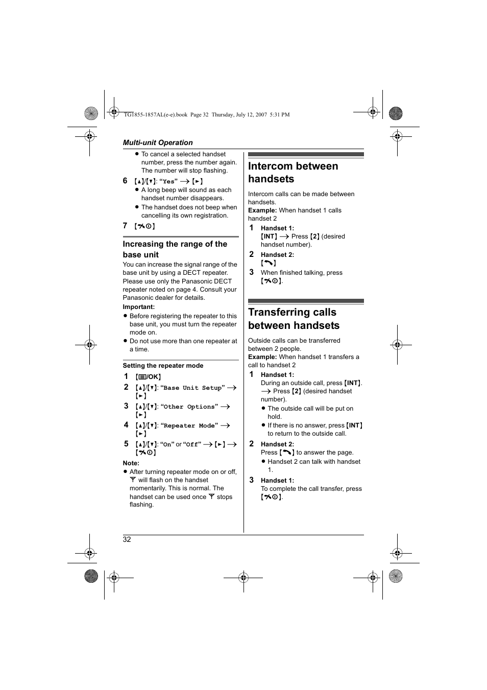 Intercom between handsets, Transferring calls between handsets | Panasonic KX-TG1855AL User Manual | Page 32 / 44