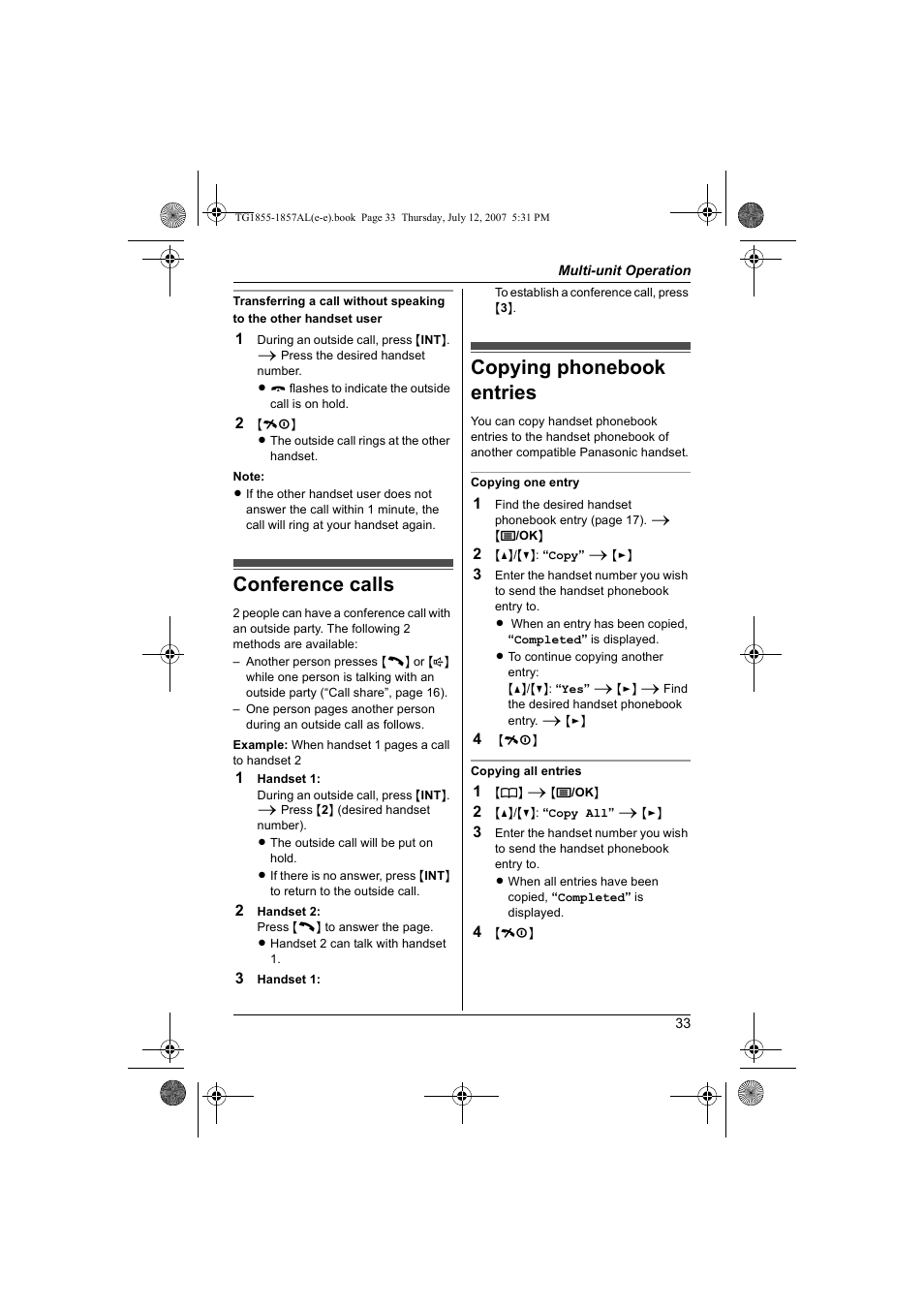 Conference calls, Copying phonebook entries, Conference calls copying phonebook entries | Panasonic KX-TG1855AL User Manual | Page 33 / 44