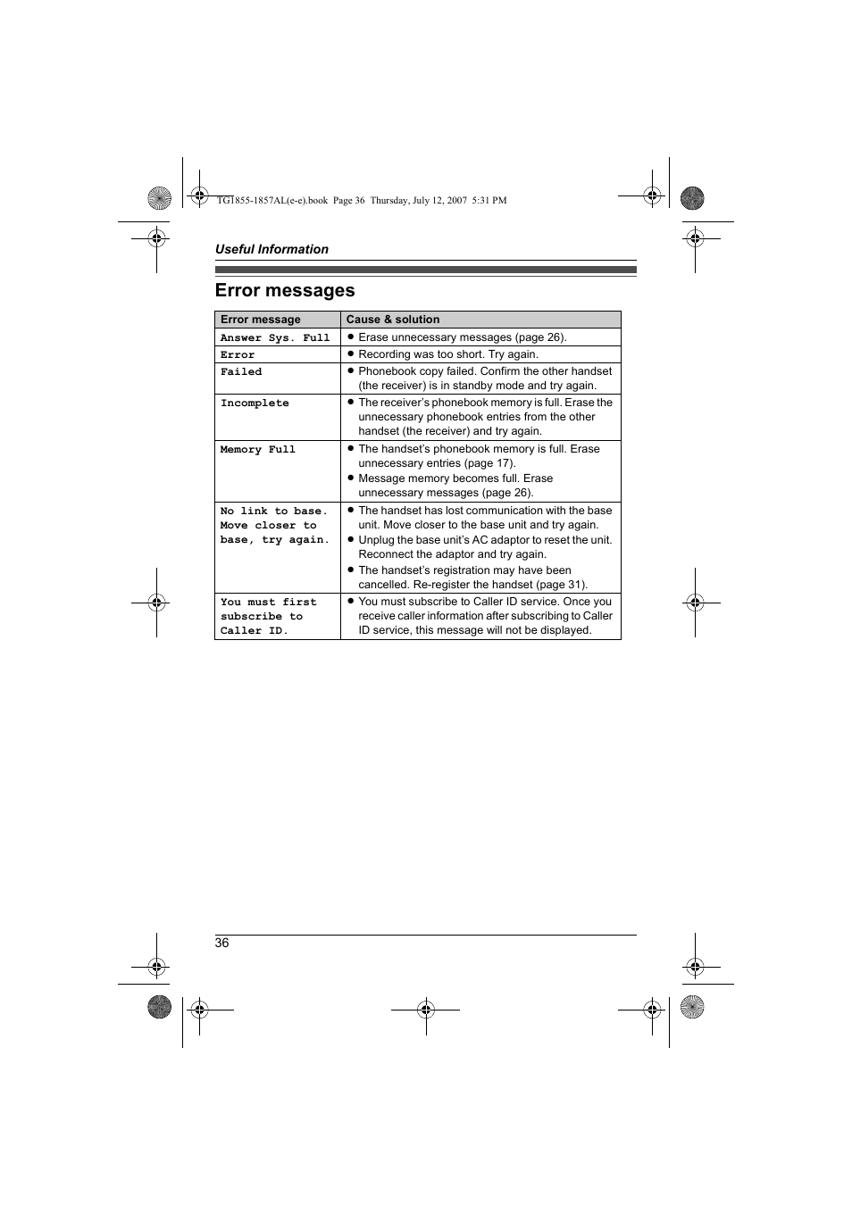 Error messages | Panasonic KX-TG1855AL User Manual | Page 36 / 44