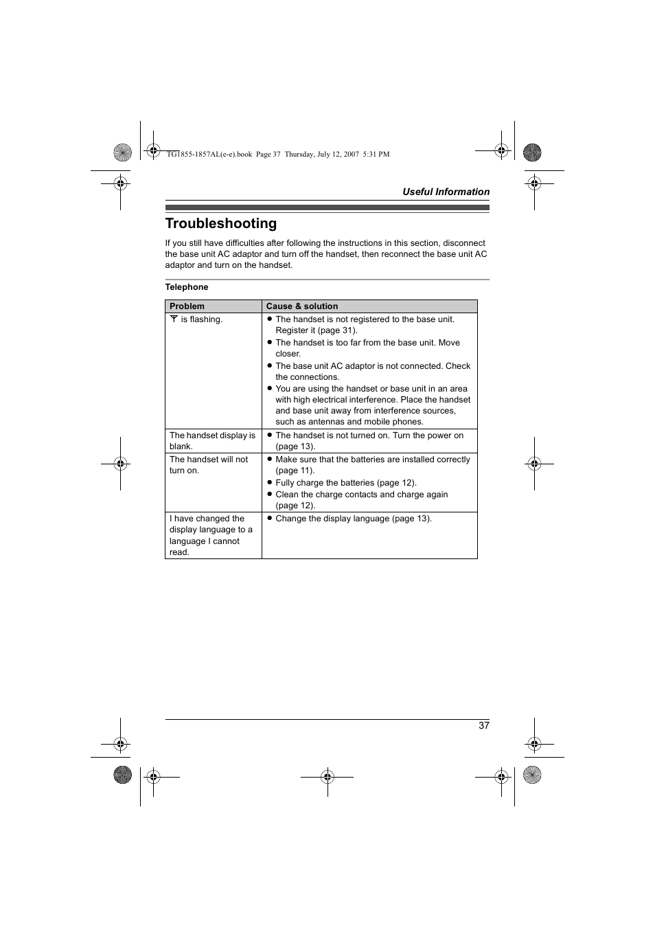 Troubleshooting | Panasonic KX-TG1855AL User Manual | Page 37 / 44