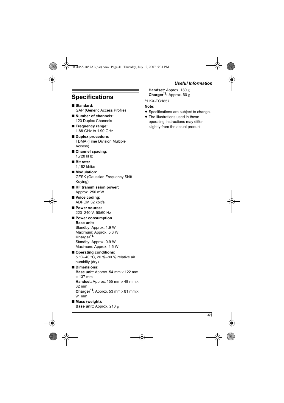 Specifications | Panasonic KX-TG1855AL User Manual | Page 41 / 44