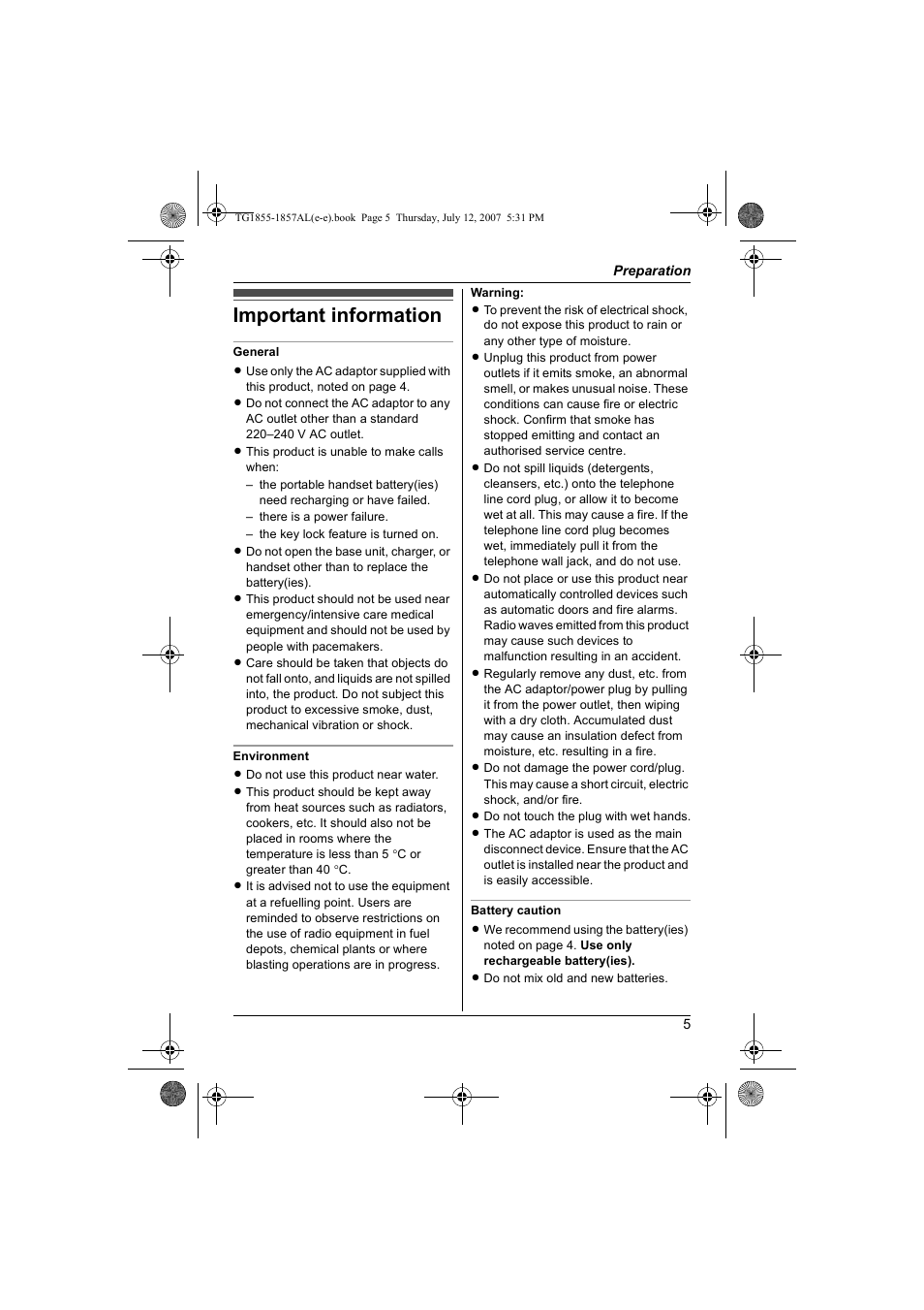 Important information | Panasonic KX-TG1855AL User Manual | Page 5 / 44