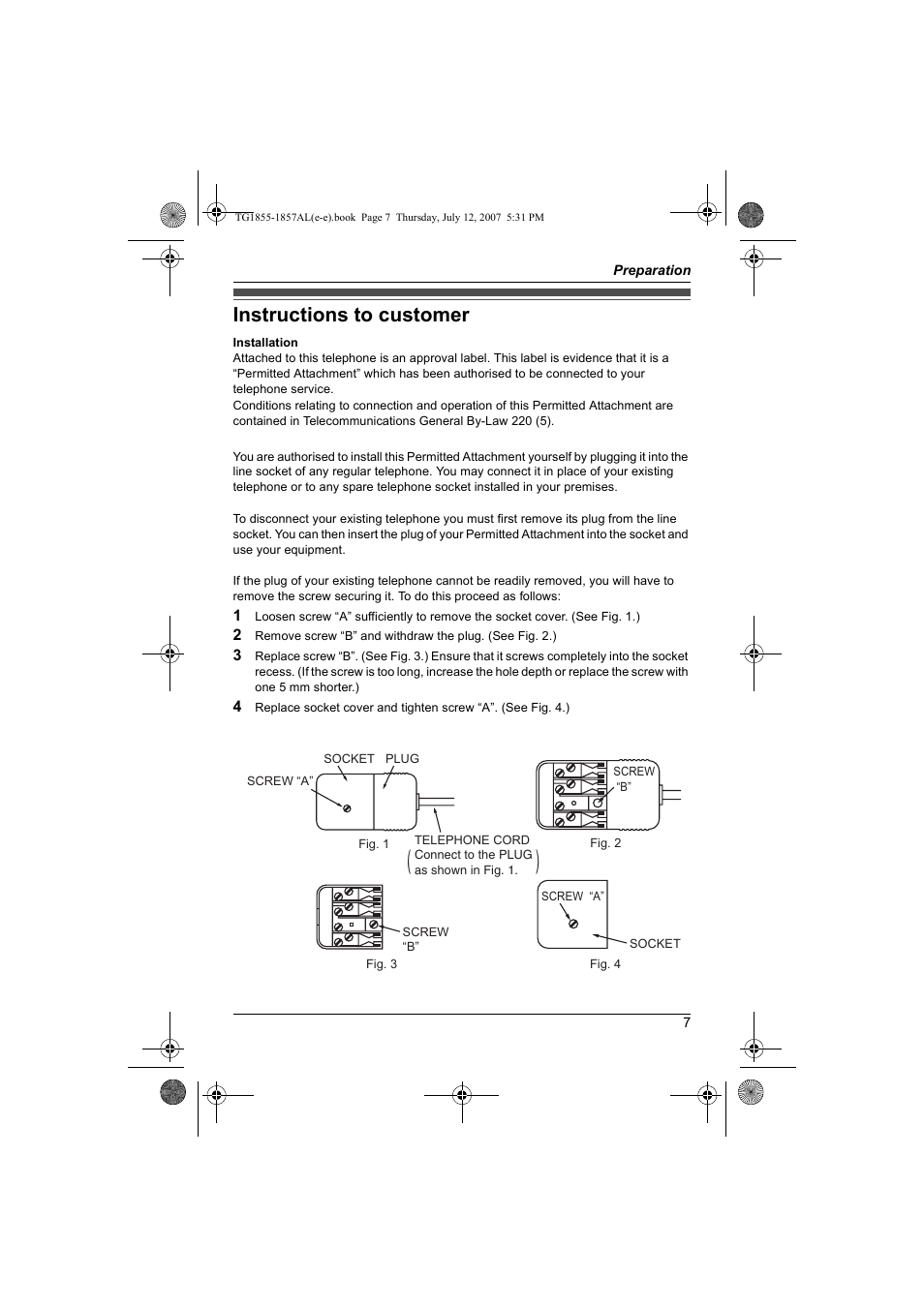 Instructions to customer | Panasonic KX-TG1855AL User Manual | Page 7 / 44
