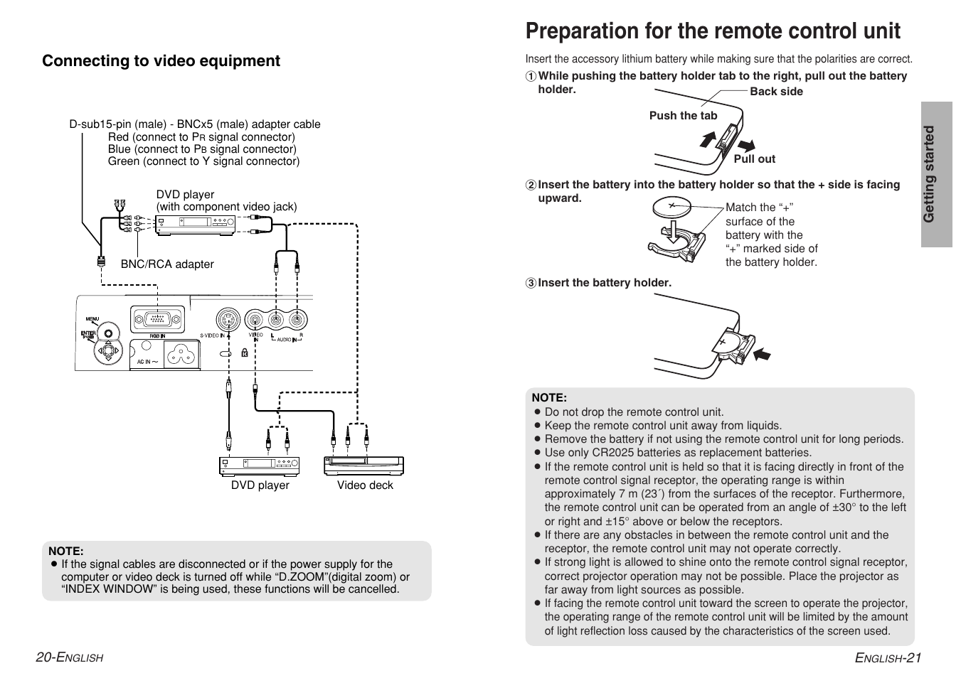 Preparation for the remote control unit, Connecting to video equipment | Panasonic PT-LM1U User Manual | Page 11 / 36