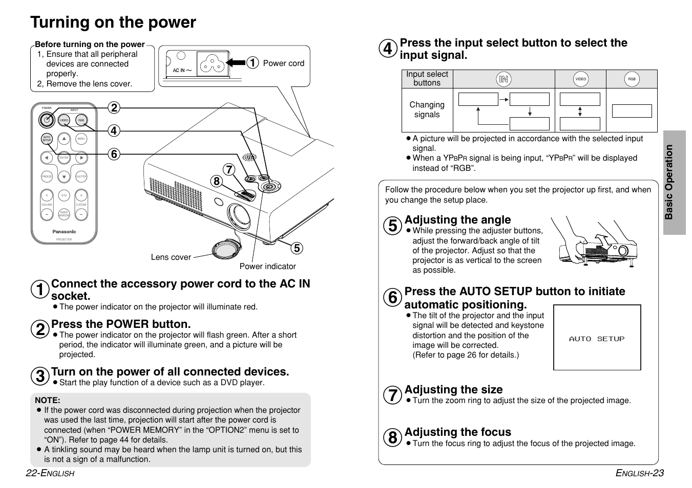 Turning on the power | Panasonic PT-LM1U User Manual | Page 12 / 36