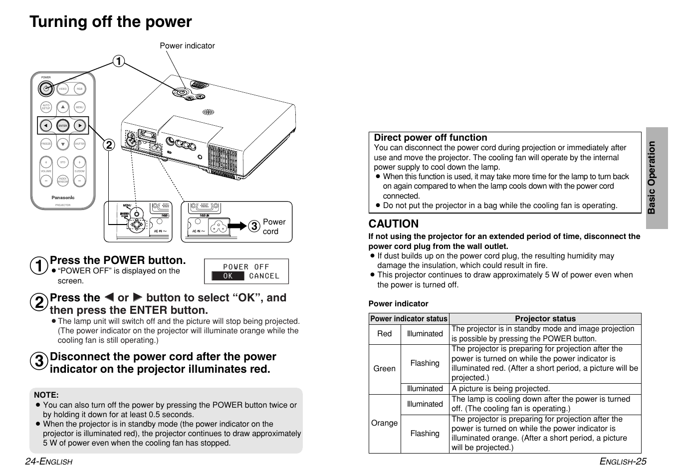 Turning off the power, Press the power button, Caution | Panasonic PT-LM1U User Manual | Page 13 / 36