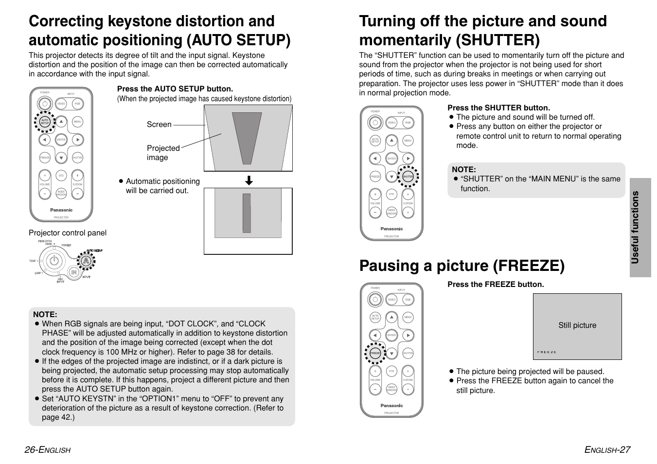 Pausing a picture (freeze), 27 useful functions 26-e | Panasonic PT-LM1U User Manual | Page 14 / 36