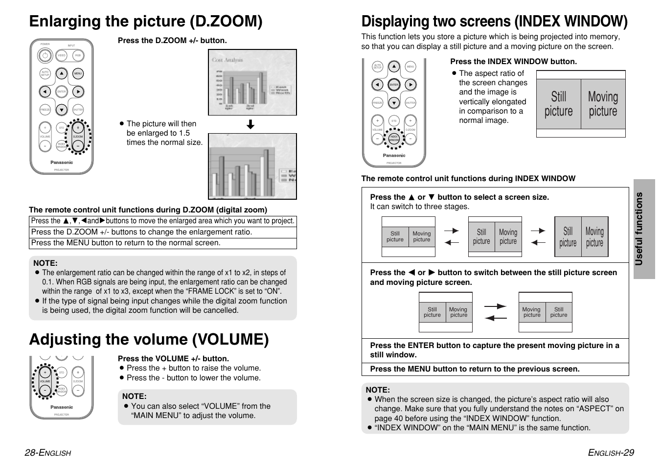 Displaying two screens (index window), Still picture moving picture, 29 useful functions 28-e | Panasonic PT-LM1U User Manual | Page 15 / 36