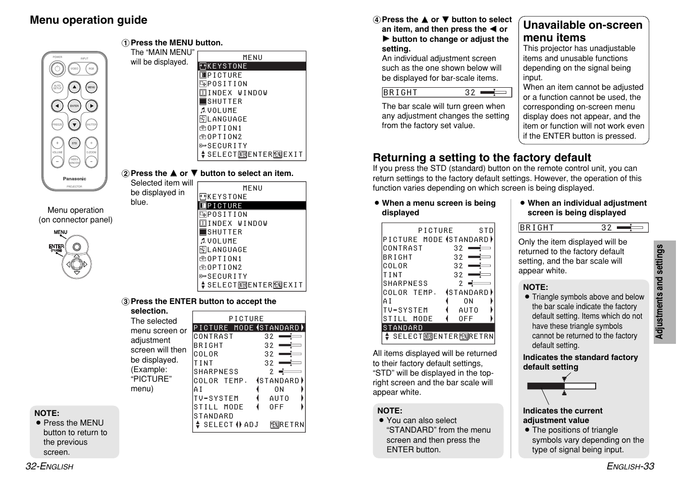 Menu operation guide, Unavailable on-screen menu items, Returning a setting to the factory default | Panasonic PT-LM1U User Manual | Page 17 / 36