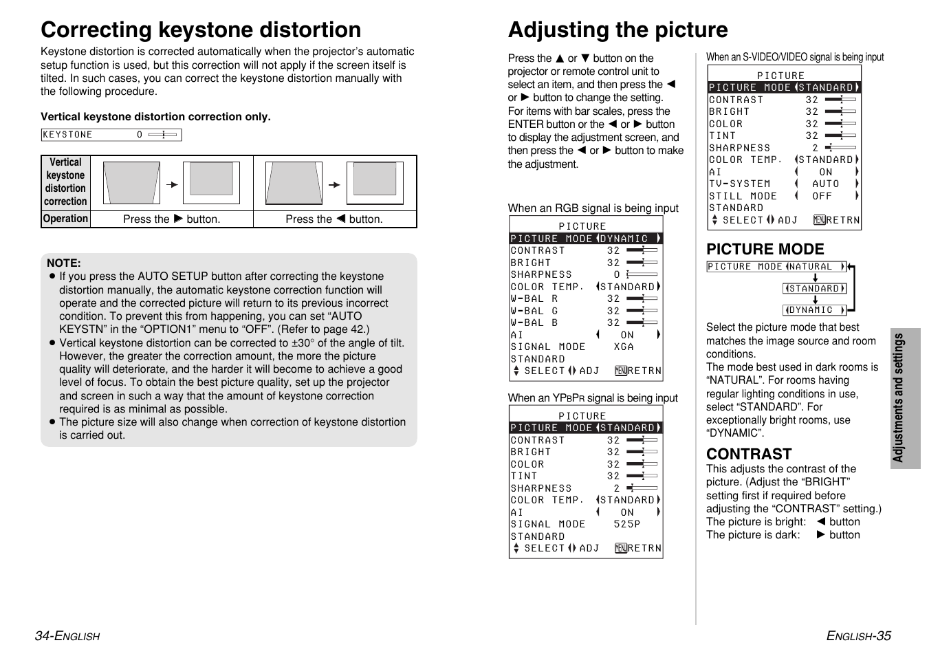 Correcting keystone distortion, Adjusting the picture | Panasonic PT-LM1U User Manual | Page 18 / 36