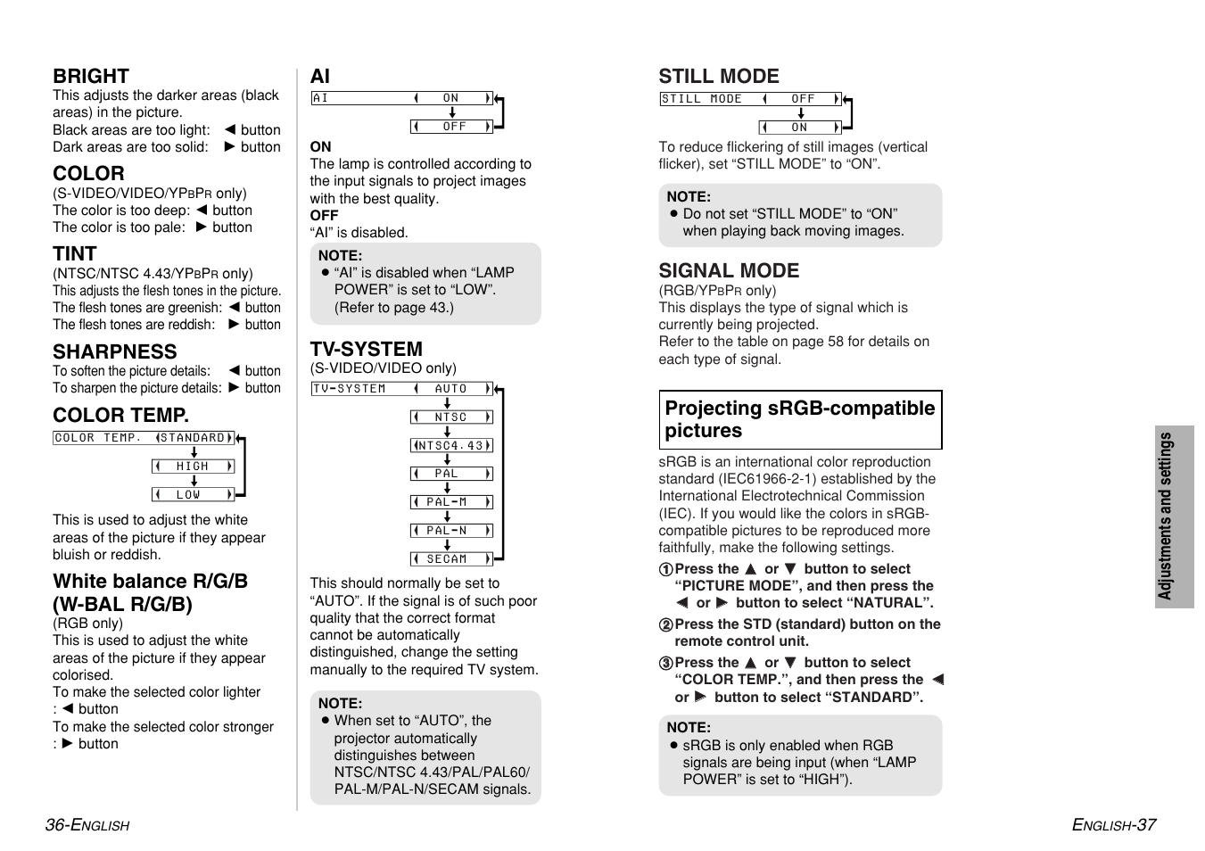 Bright, Color, Tint | Sharpness, Color temp, White balance r/g/b (w-bal r/g/b), Tv-system, Still mode, Signal mode, Projecting srgb-compatible pictures | Panasonic PT-LM1U User Manual | Page 19 / 36