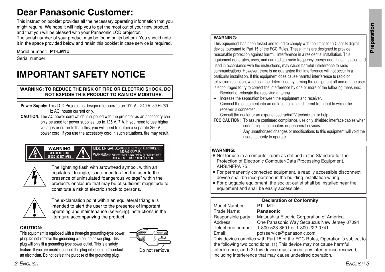 Important safety notice dear panasonic customer | Panasonic PT-LM1U User Manual | Page 2 / 36