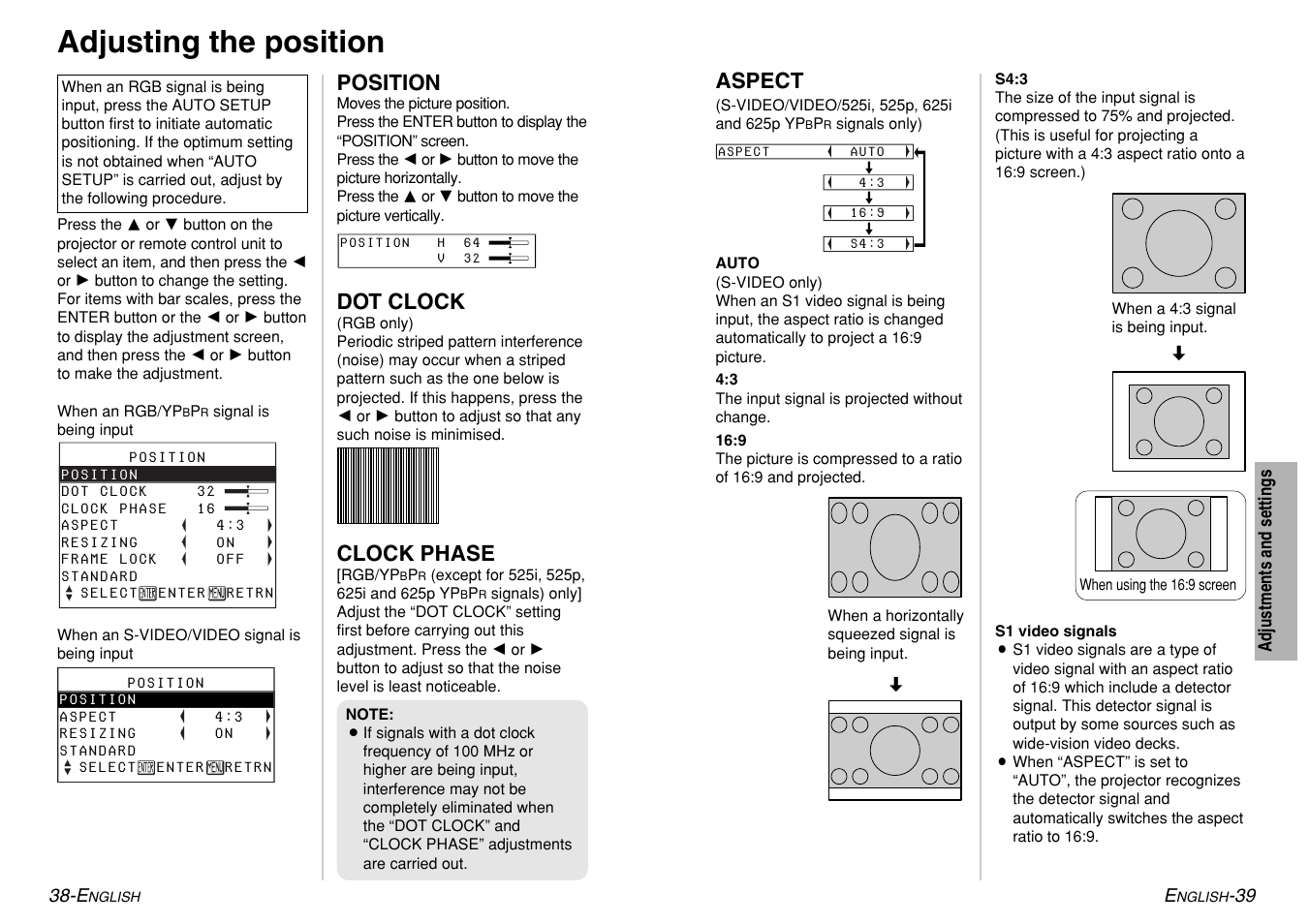 Adjusting the position, Position, Dot clock | Clock phase, Aspect | Panasonic PT-LM1U User Manual | Page 20 / 36