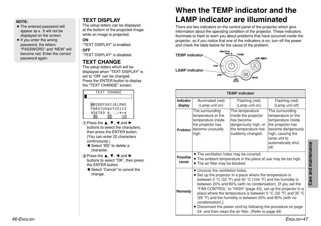 Text display, Text change | Panasonic PT-LM1U User Manual | Page 24 / 36