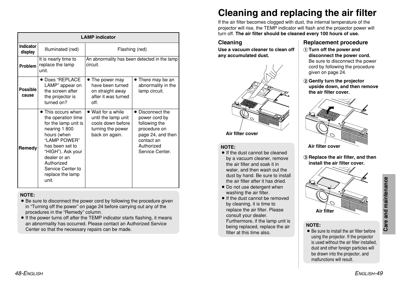 Cleaning and replacing the air filter | Panasonic PT-LM1U User Manual | Page 25 / 36