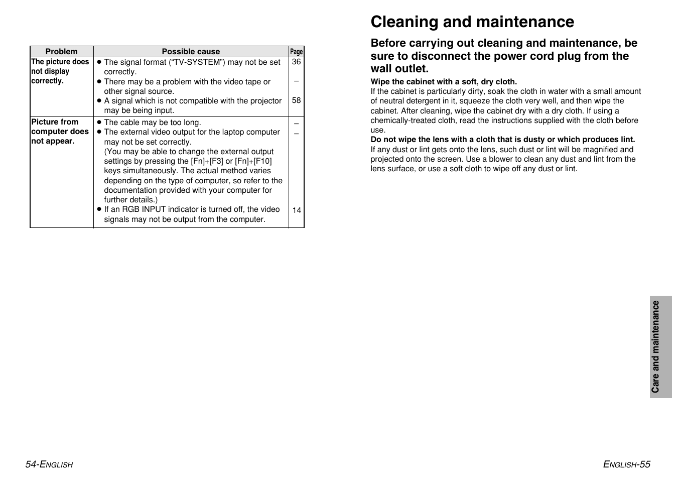 Cleaning and maintenance | Panasonic PT-LM1U User Manual | Page 28 / 36