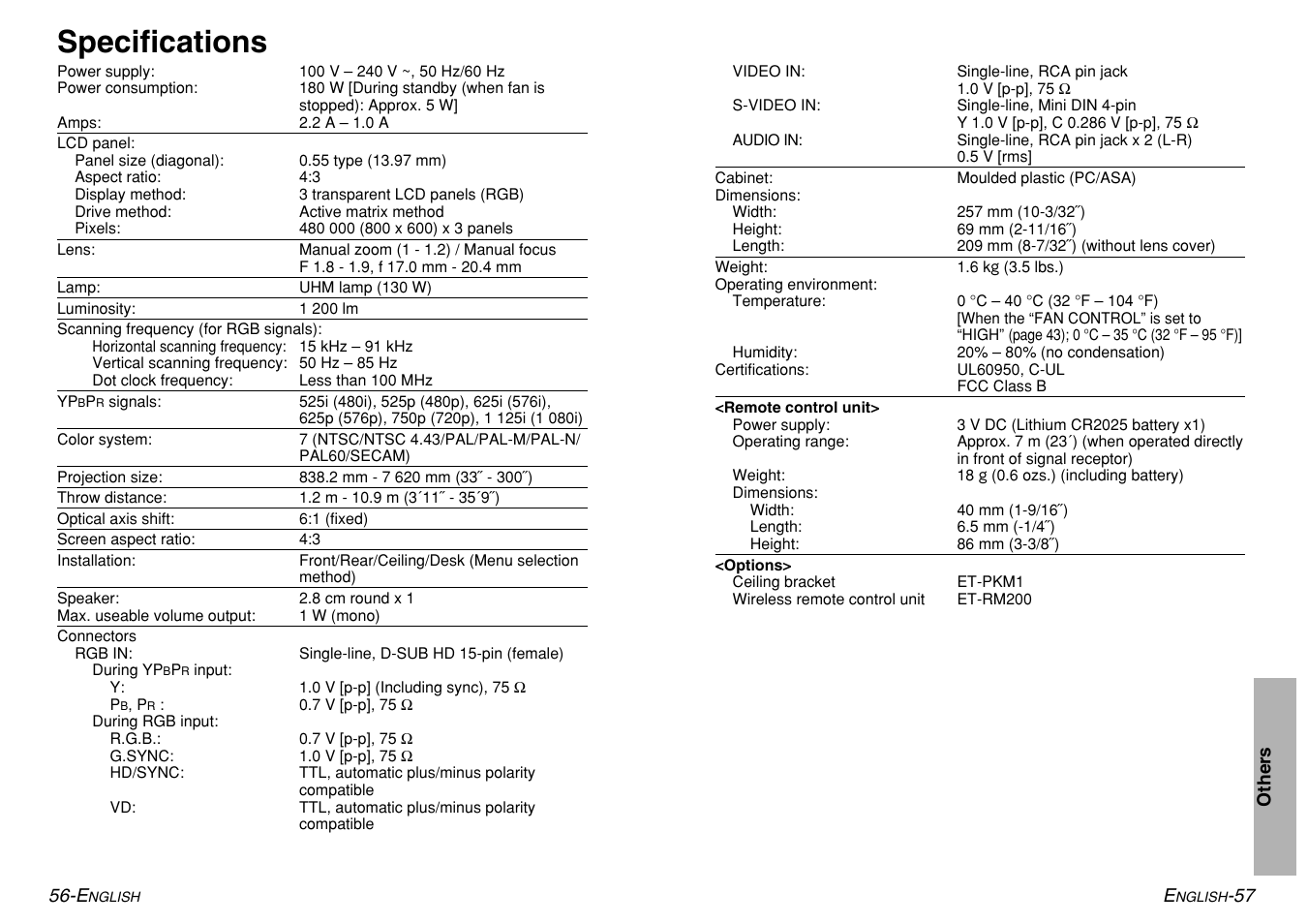 Specifications | Panasonic PT-LM1U User Manual | Page 29 / 36