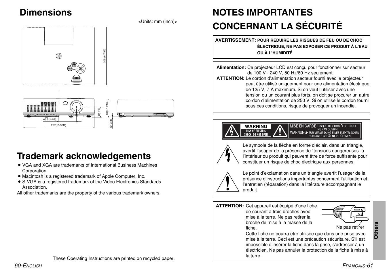 Trademark acknowledgements, Dimensions | Panasonic PT-LM1U User Manual | Page 31 / 36