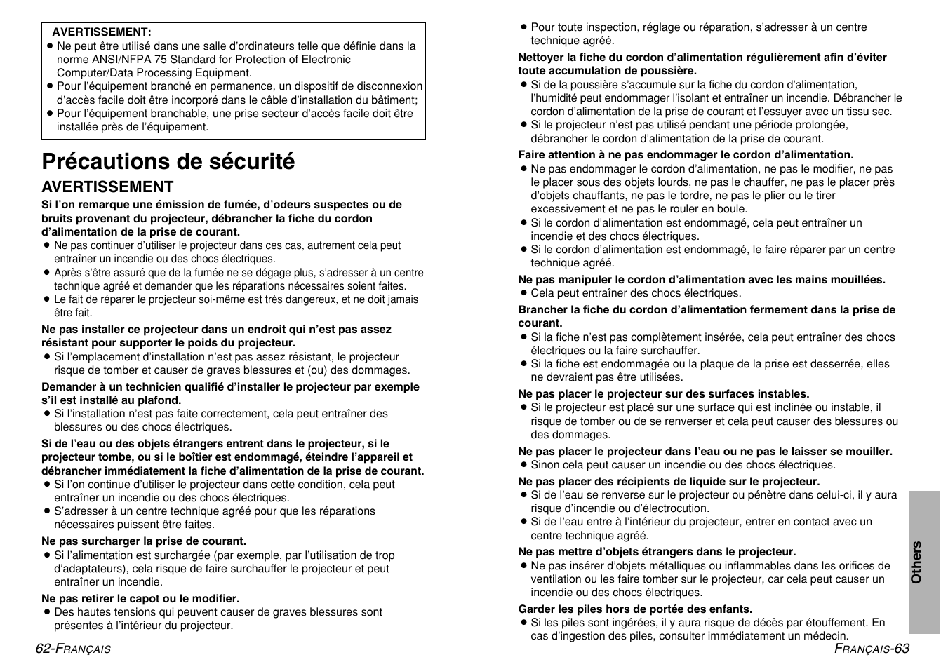 Précautions de sécurité, Avertissement | Panasonic PT-LM1U User Manual | Page 32 / 36
