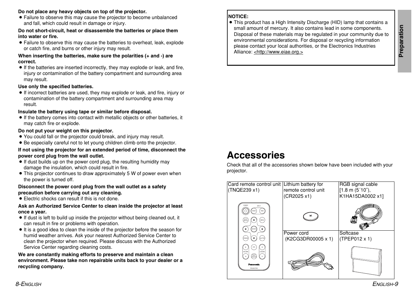 Accessories, 9 preparation 8-e | Panasonic PT-LM1U User Manual | Page 5 / 36