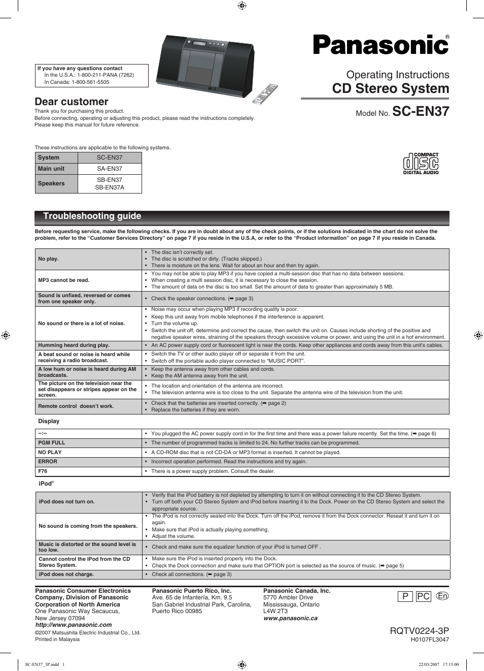 Panasonic SC-EN37 User Manual | 8 pages