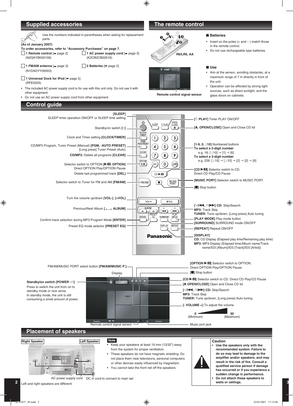 The remote control control guide, Placement of speakers, Supplied accessories | Rl ac in, Sa-en35 sa-en37 | Panasonic SC-EN37 User Manual | Page 2 / 8