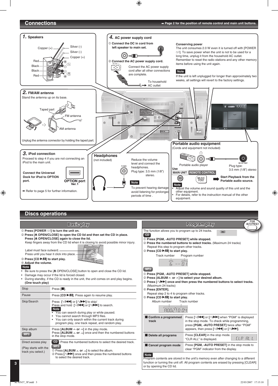 Discs operations connections, Basic play, Sa-en35 sa-en37 | Program play | Panasonic SC-EN37 User Manual | Page 3 / 8