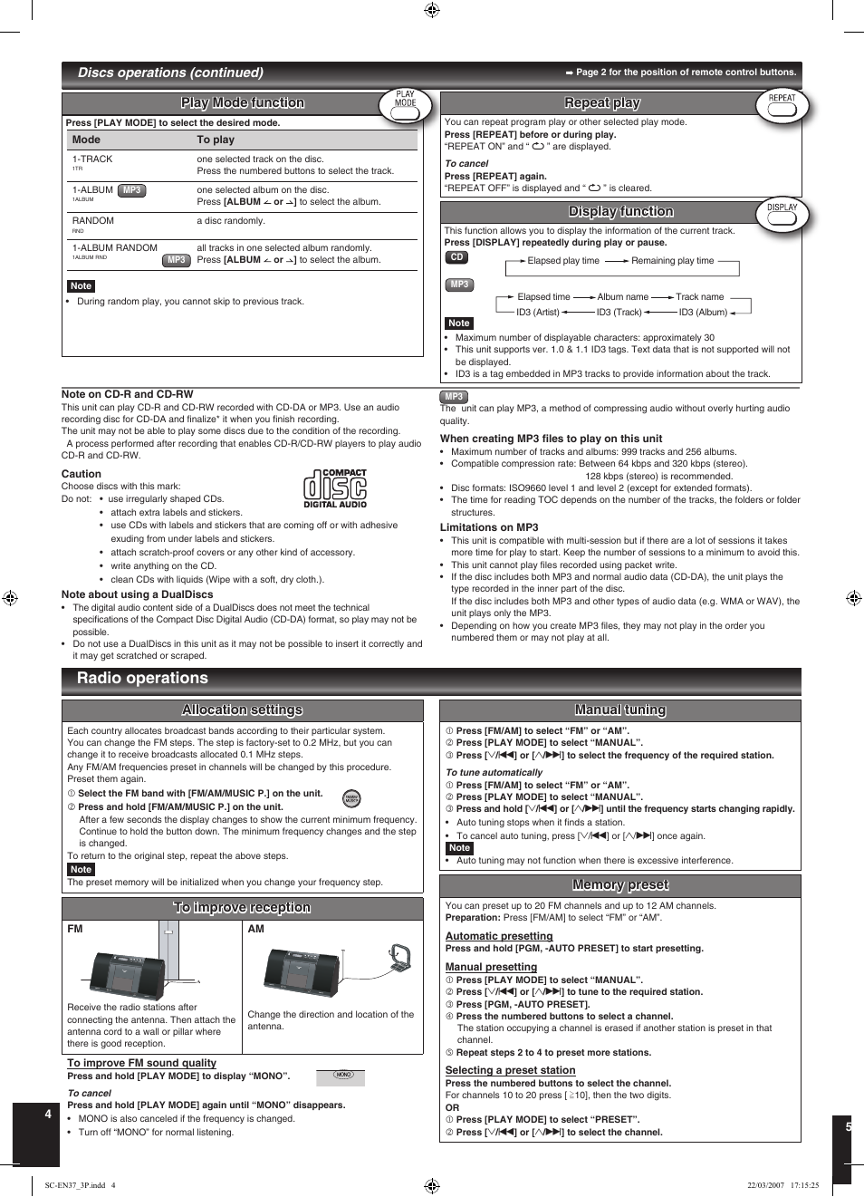 Radio operations, Display function, Discs operations (continued) | Manual tuning, Allocation settings, Play mode function, Repeat play | Panasonic SC-EN37 User Manual | Page 4 / 8