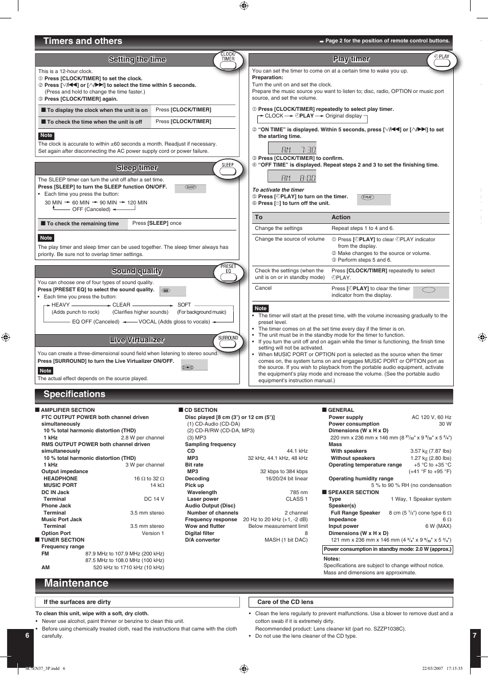 Maintenance, Panasonic audio products limited warranty, Speciﬁcations | Timers and others, Warranty (u.s.a.), Warranty (canada), Exchange program, Product service, Sleep timer, Sound quality | Panasonic SC-EN37 User Manual | Page 6 / 8