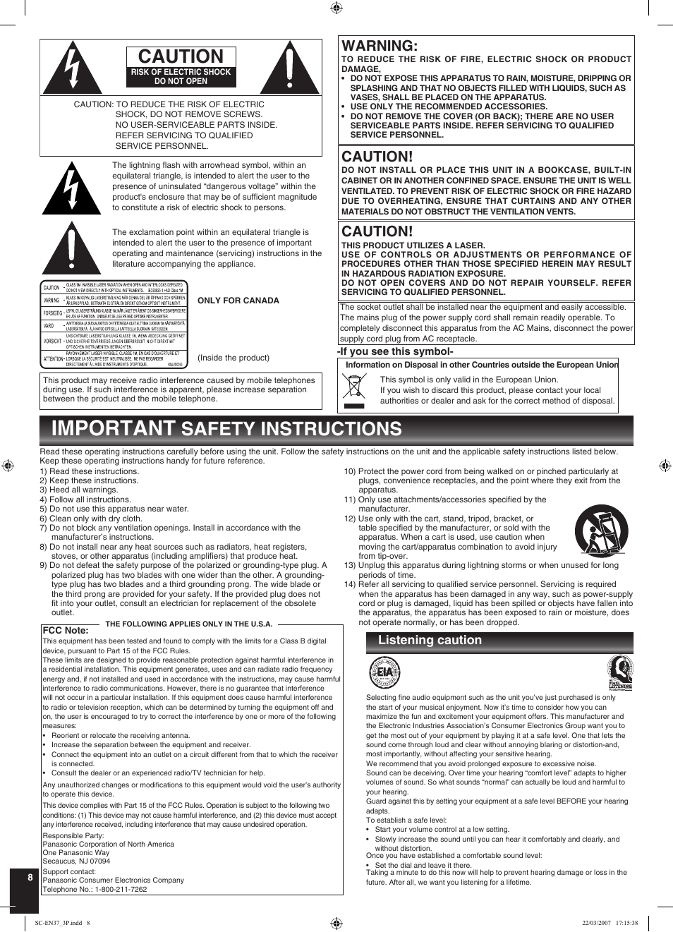 Important, Safety instructions, Warning | Caution, Listening caution | Panasonic SC-EN37 User Manual | Page 8 / 8