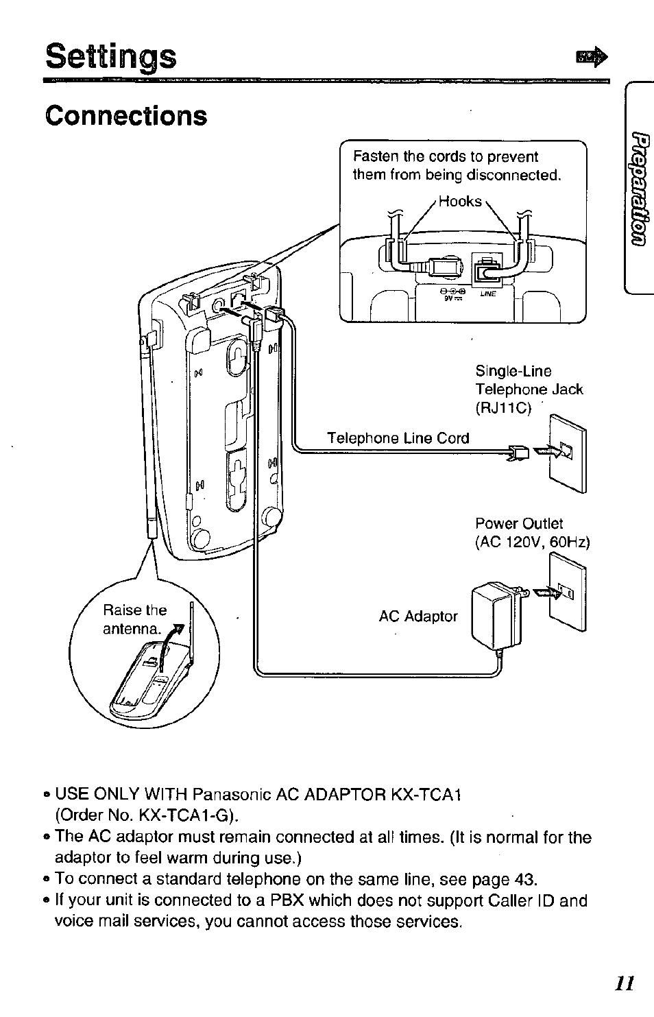 Settings, Connections | Panasonic PHONE KX-TC1696B User Manual | Page 11 / 52