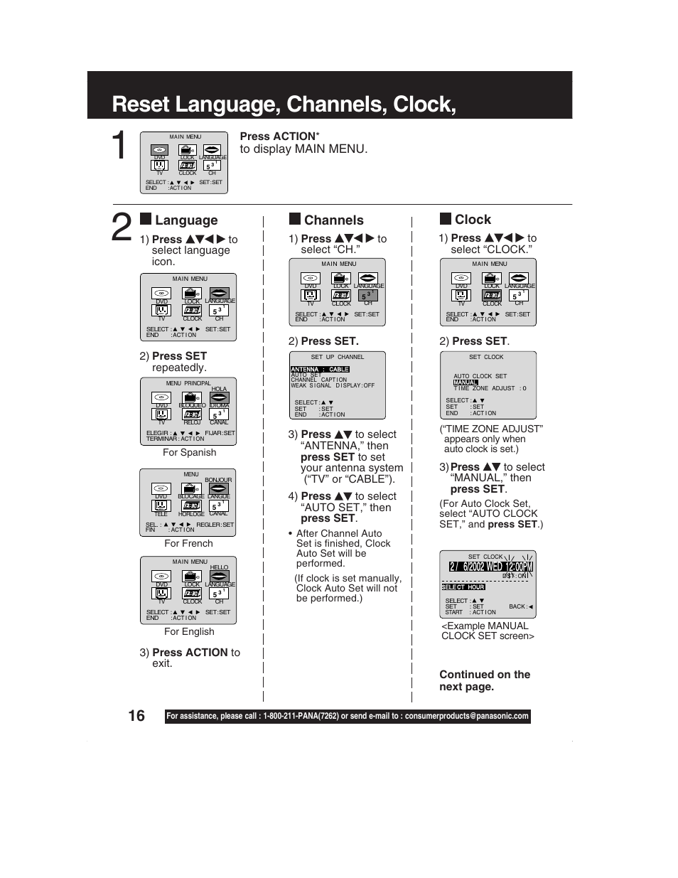 Reset language, channels, clock, time zone adjust, Reset language, channels, clock, Language channels clock | 3) press to select “manual,” then press set, Press action, Continued on the next page | Panasonic PV-DM2792 User Manual | Page 16 / 75